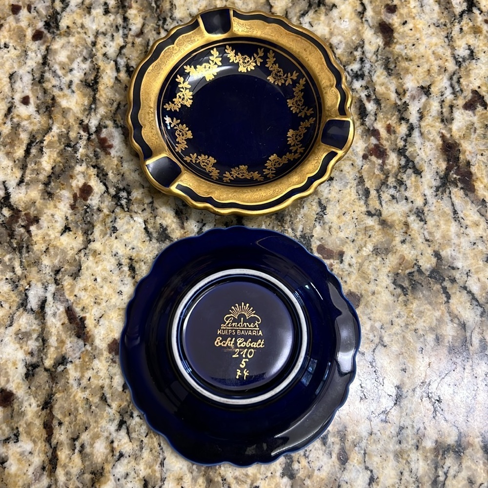 Vintage Lindner Bavaria Echt Cobalt Ashtray – 24K Gold Trim, Excellent Condition